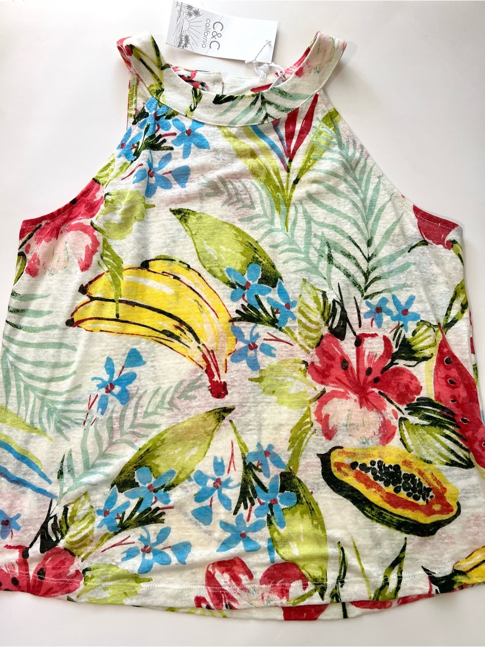 NWT C&C California Tropical Fruit Halter Tank Top Size M 100% Linen